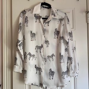 zara long sleeve zebra print white blouse XS